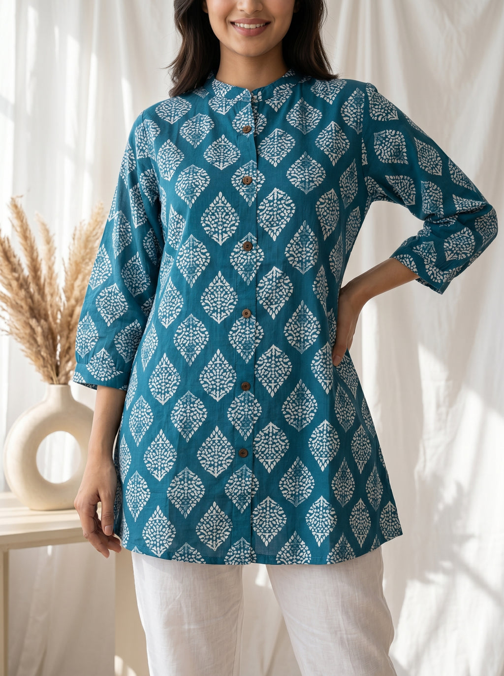 Teal Blue Printed Straight Tunic