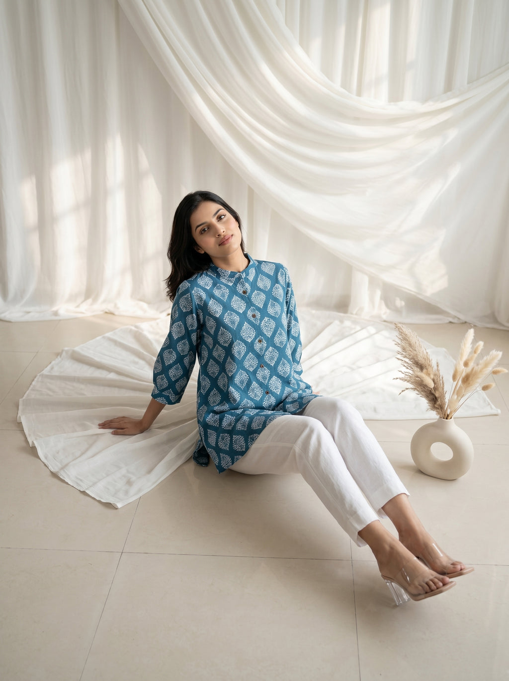 Teal Blue Printed Straight Tunic