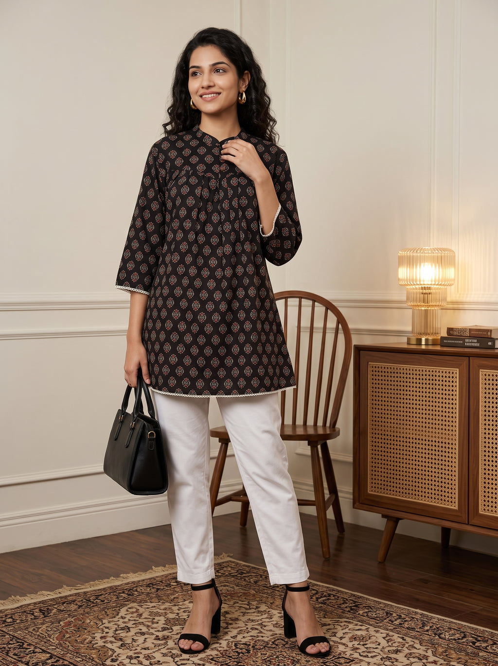 Women's Black Printed Cotton Top