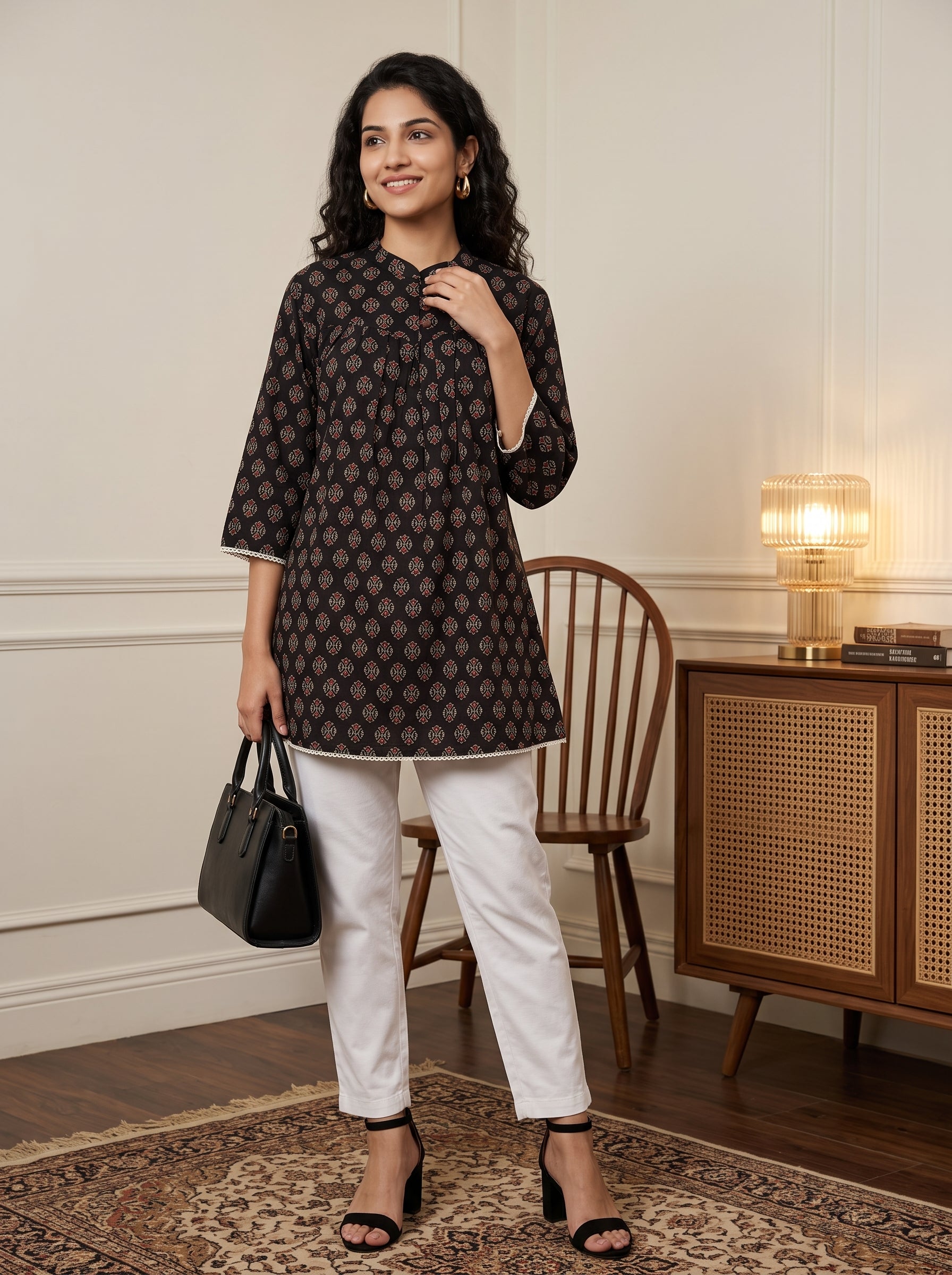 Women's Black Printed Cotton Top