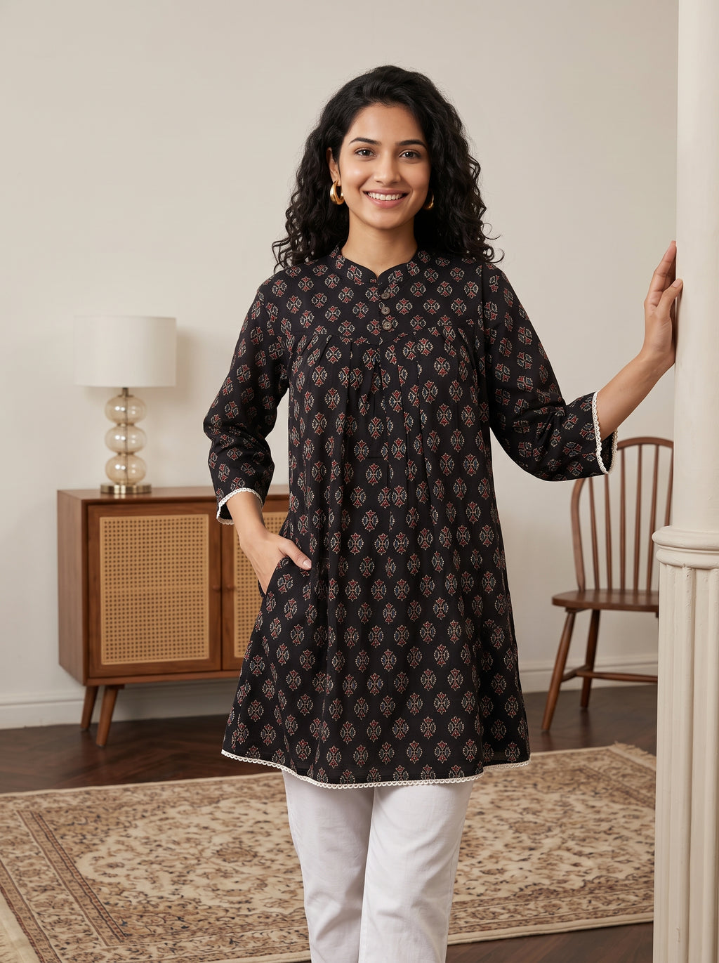 Women's Black Printed Cotton Top