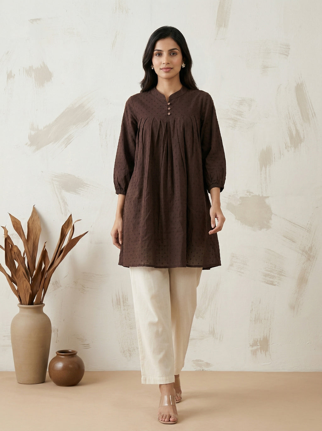 Women's Brown Cotton  A-Line Tunic Top