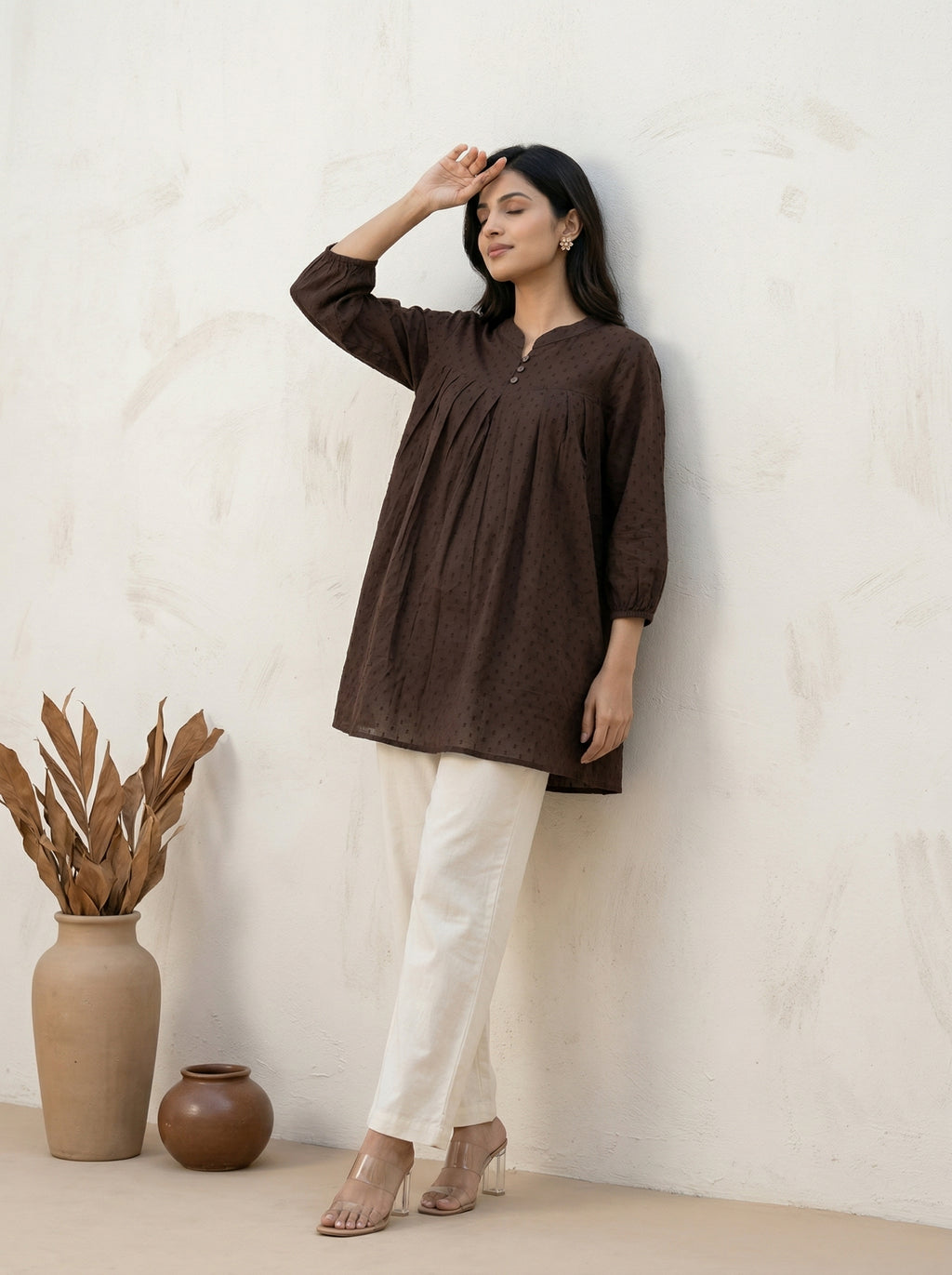 Women's Brown Cotton  A-Line Tunic Top