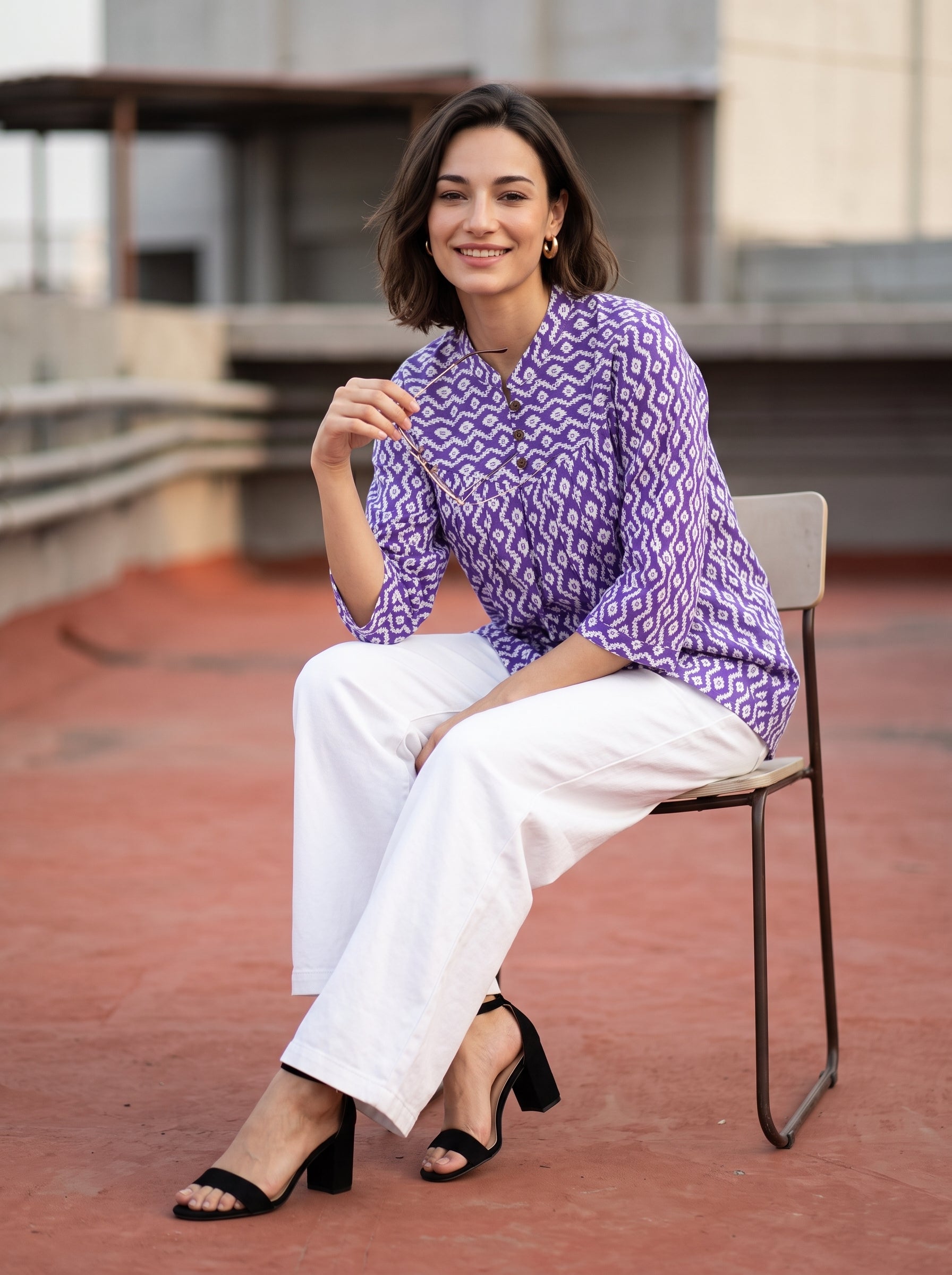 Women's Purple Printed Cotton A-Line Kurti