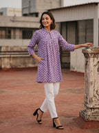 Women's Purple Printed Cotton A-Line Kurti