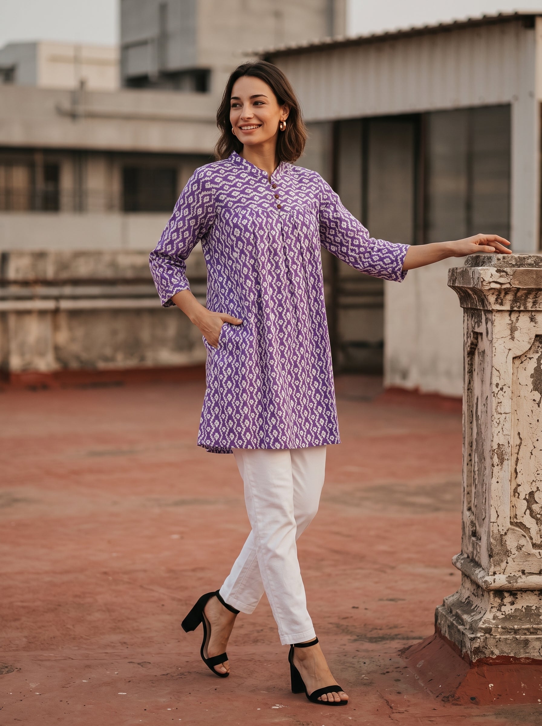 Women's Purple Printed Cotton A-Line Kurti