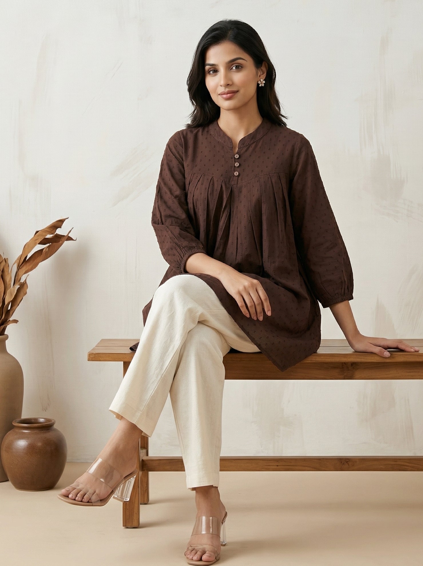 Women's Brown Cotton  A-Line Tunic Top