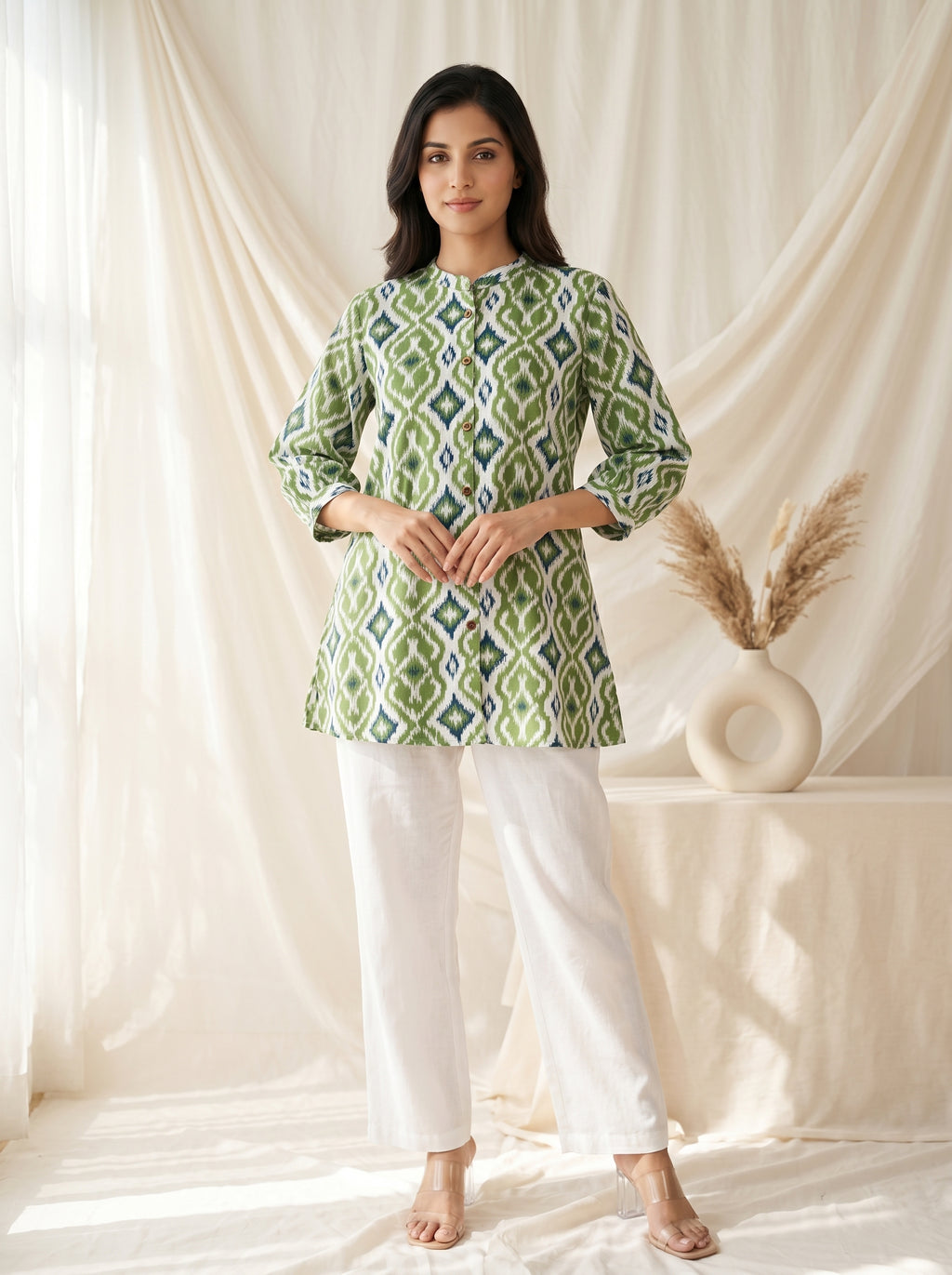 Green Ikat Print A-Line Tunic