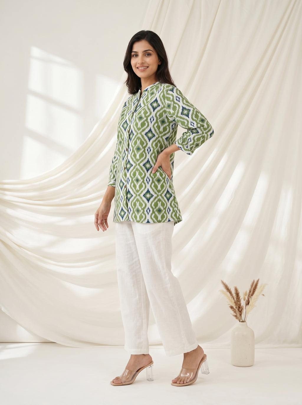 Green Ikat Print A-Line Tunic