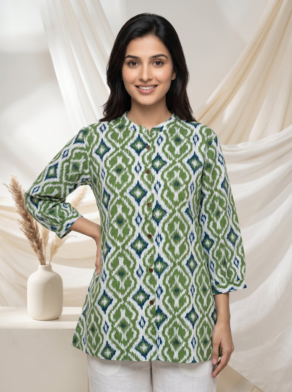 Green Ikat Print A-Line Tunic