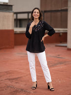 Women's Black Embroidered Yoke Cotton Top