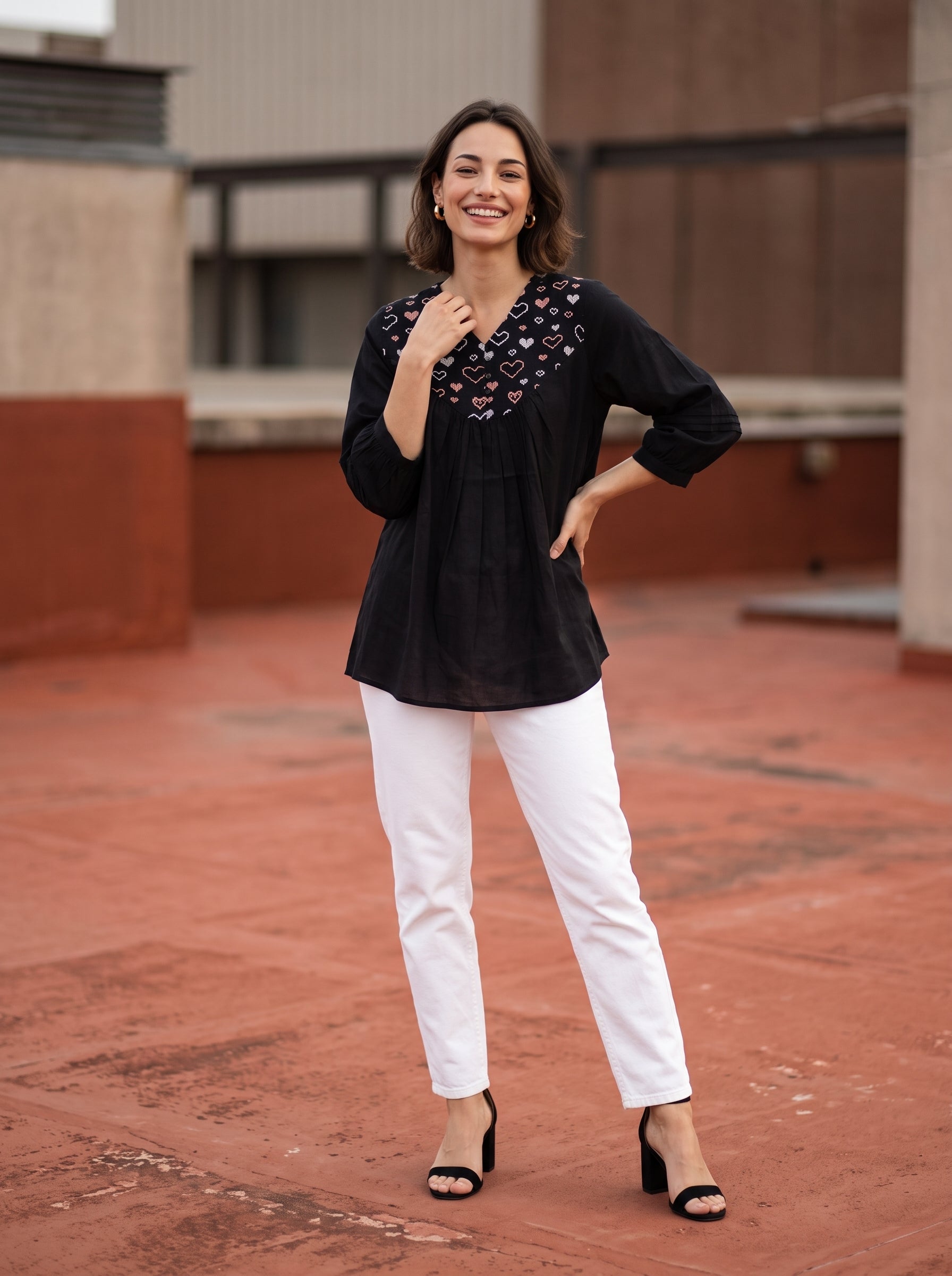 Women's Black Embroidered Yoke Cotton Top