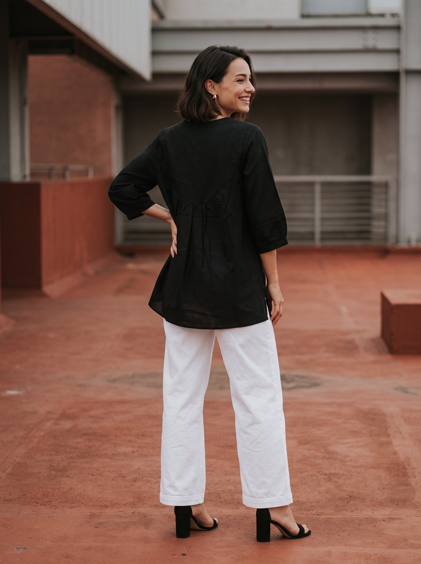 Women's Black Embroidered Yoke Cotton Top