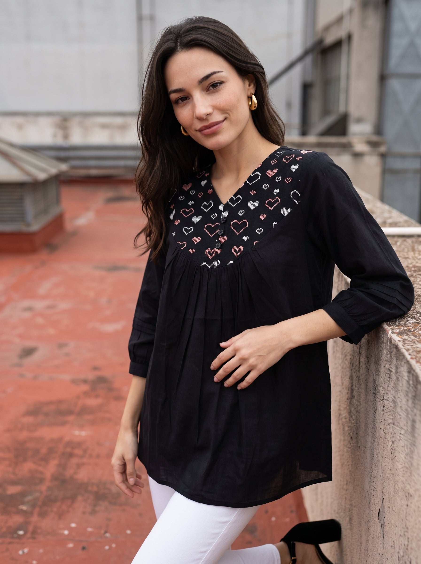 Women's Black Embroidered Yoke Cotton Top