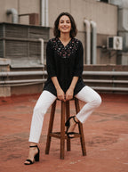 Women's Black Embroidered Yoke Cotton Top