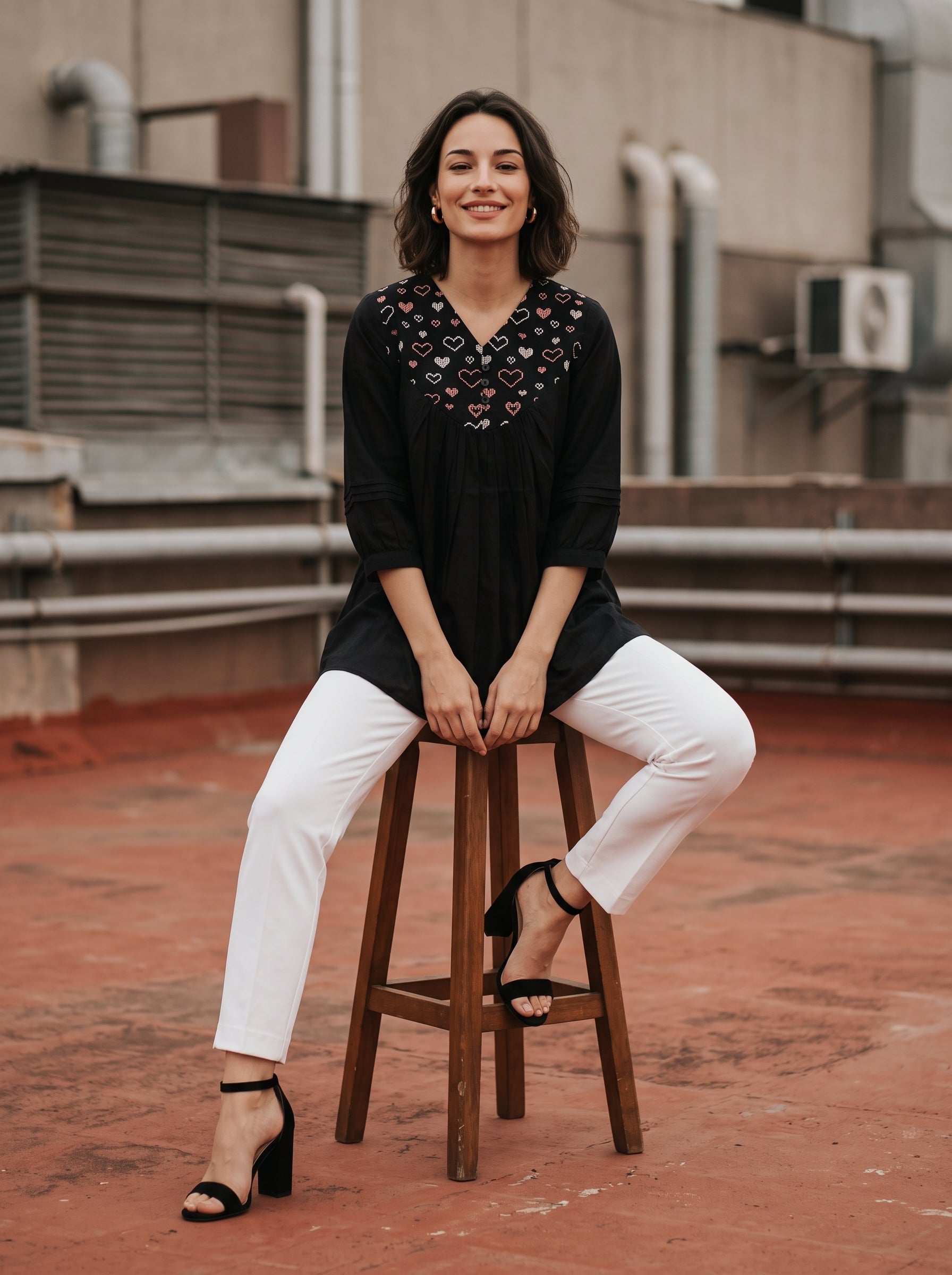 Women's Black Embroidered Yoke Cotton Top