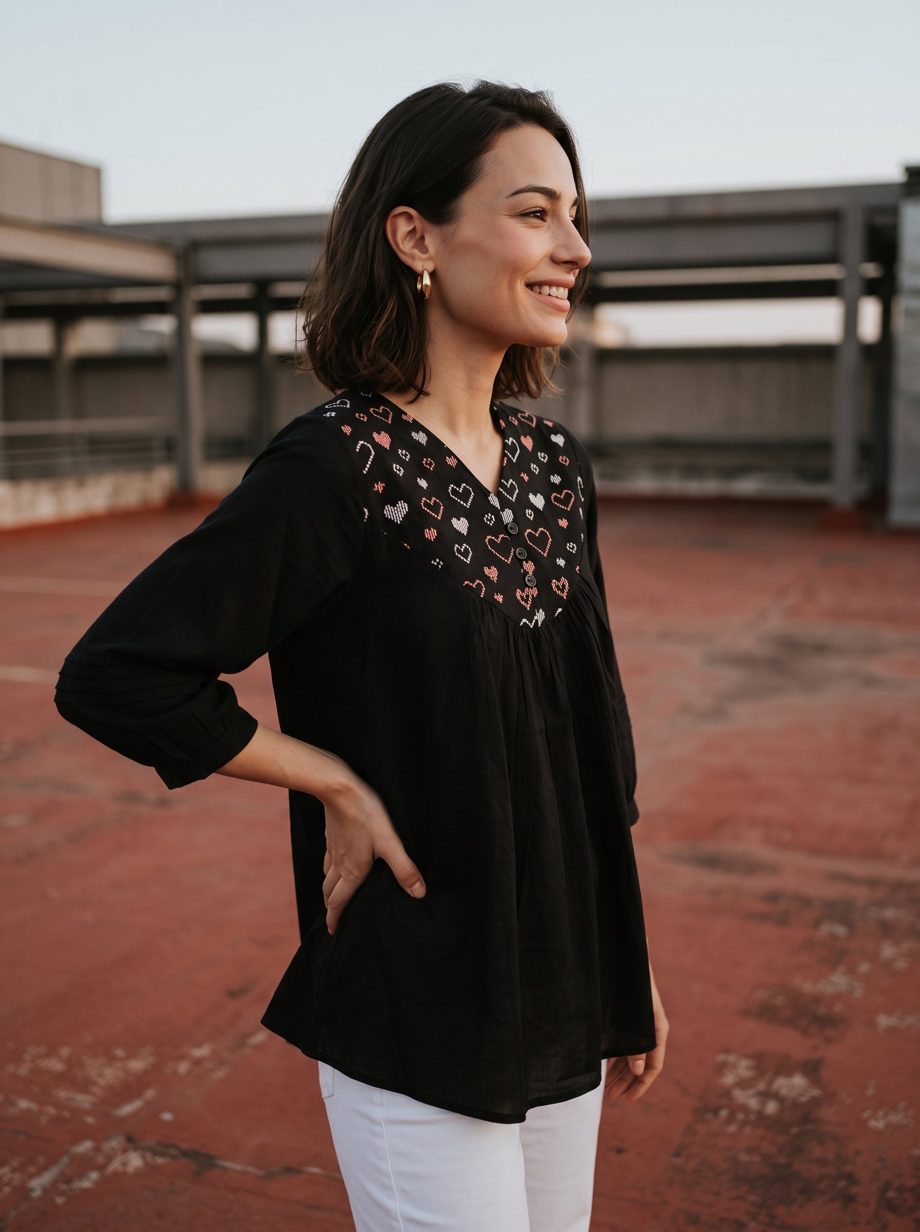Women's Black Embroidered Yoke Cotton Top