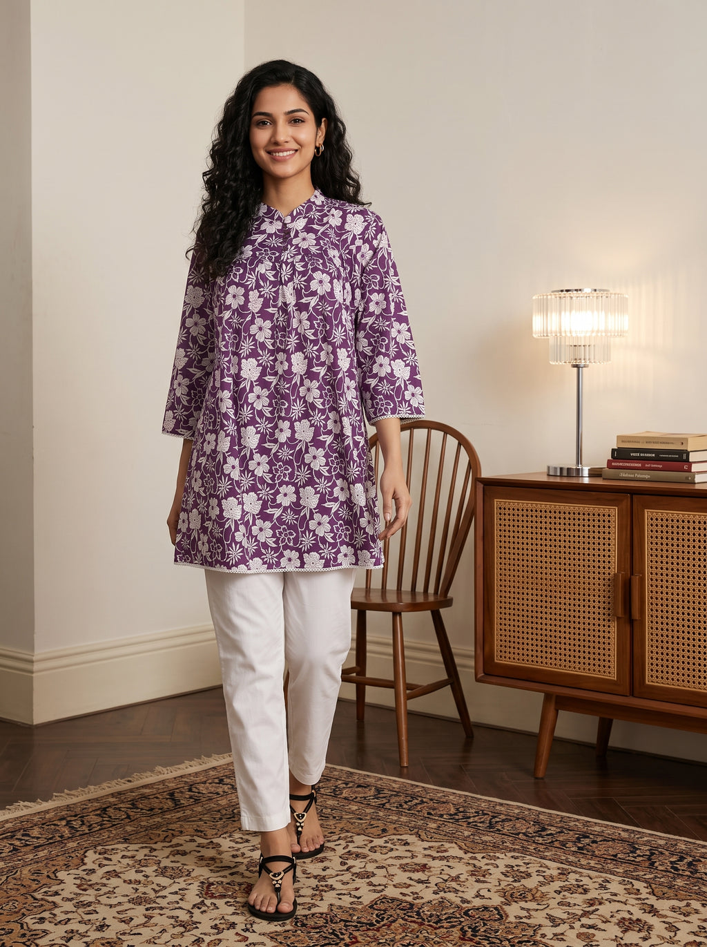 Women's Purple Floral Printed Cotton Tunic