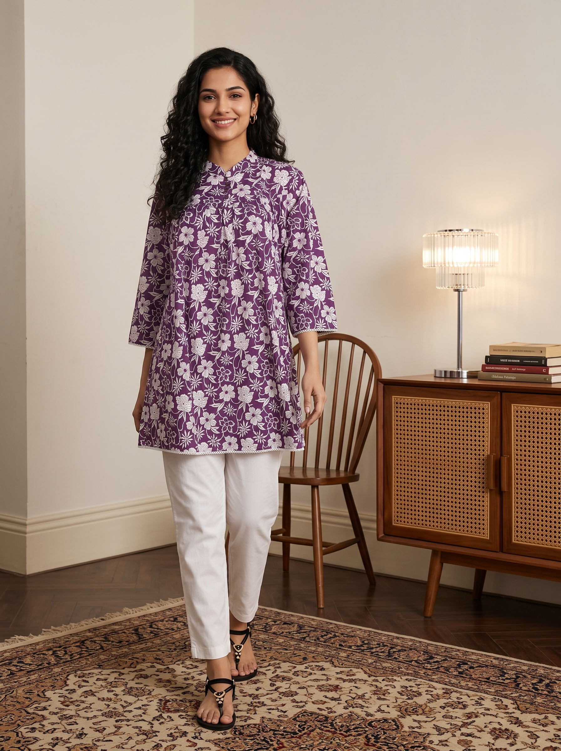 Women's Purple Floral Printed Cotton Tunic