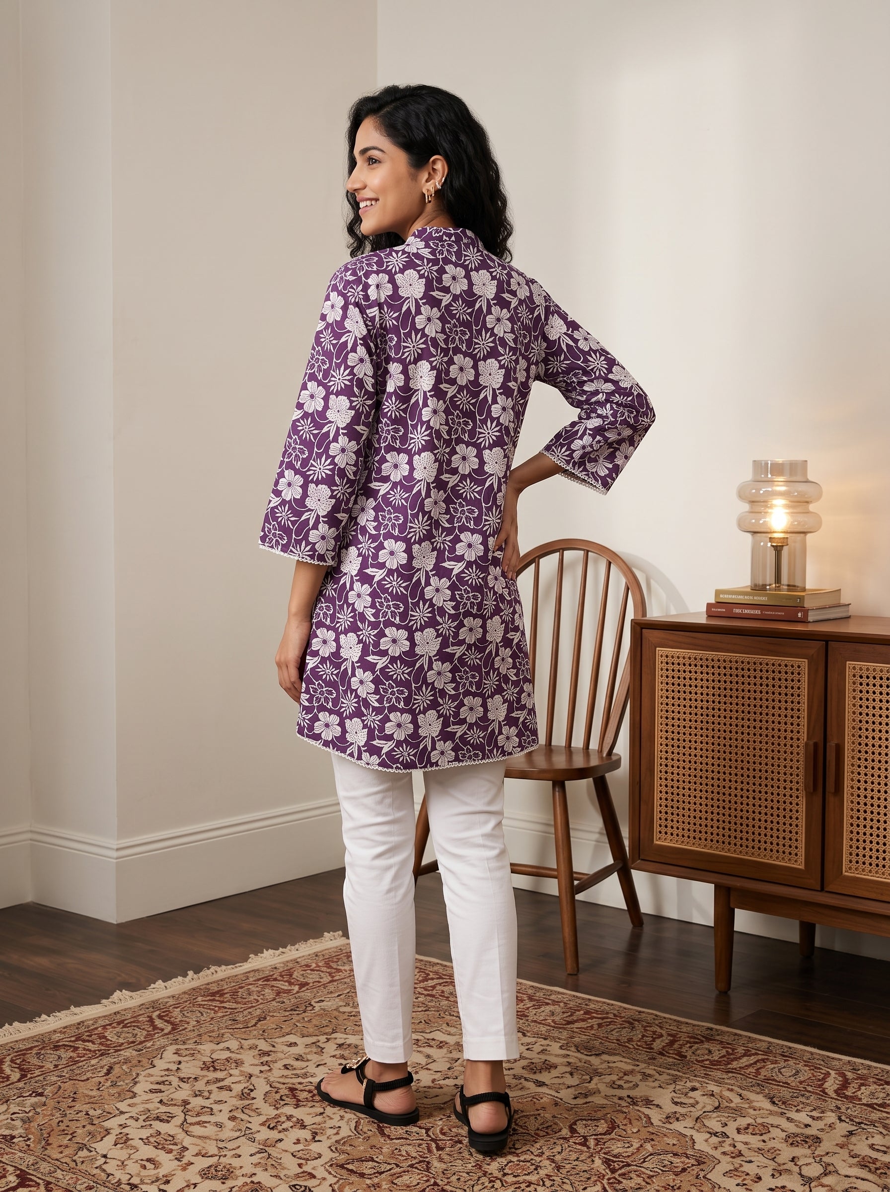 Women's Purple Floral Printed Cotton Tunic
