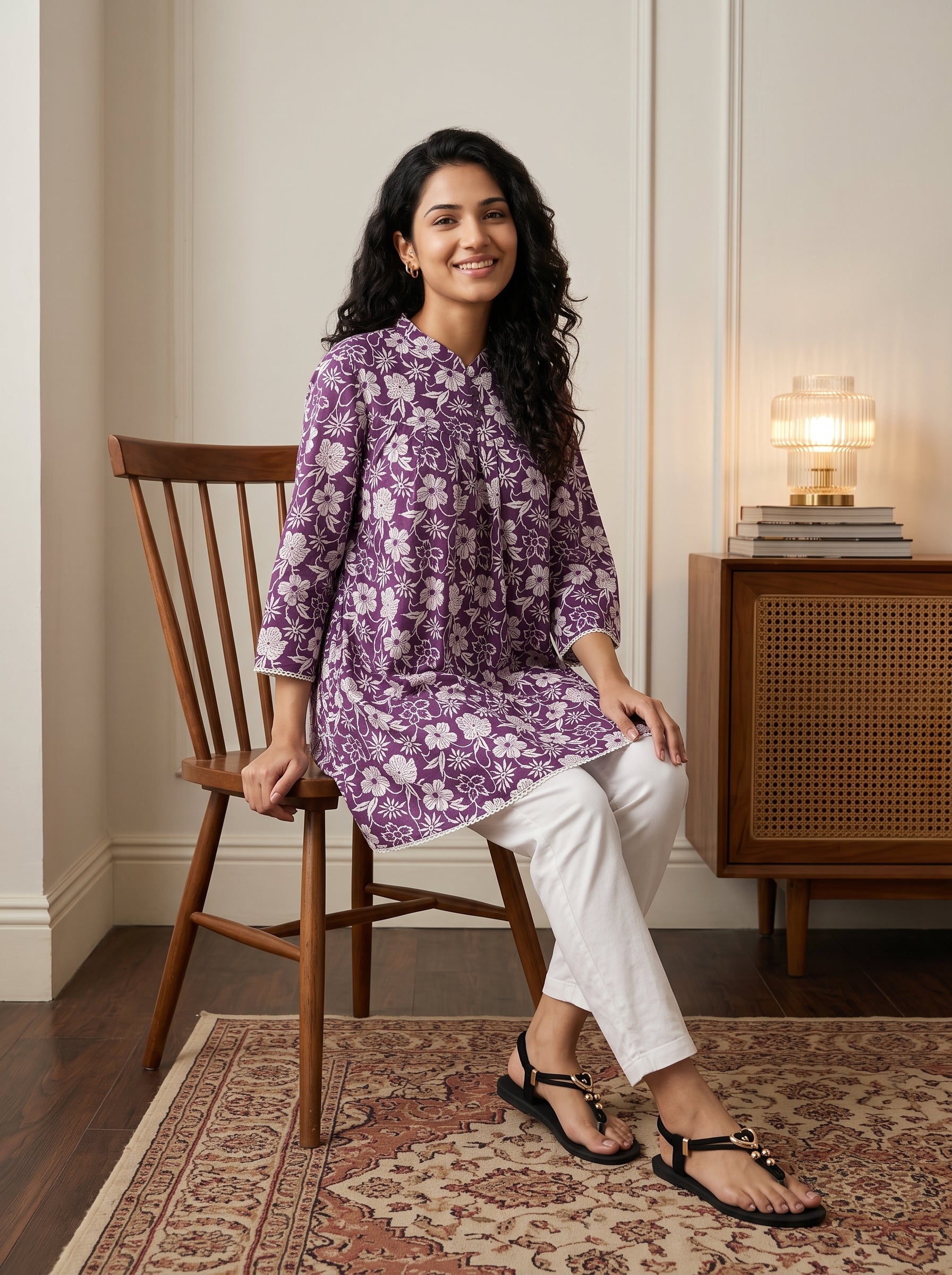 Women's Purple Floral Printed Cotton Tunic