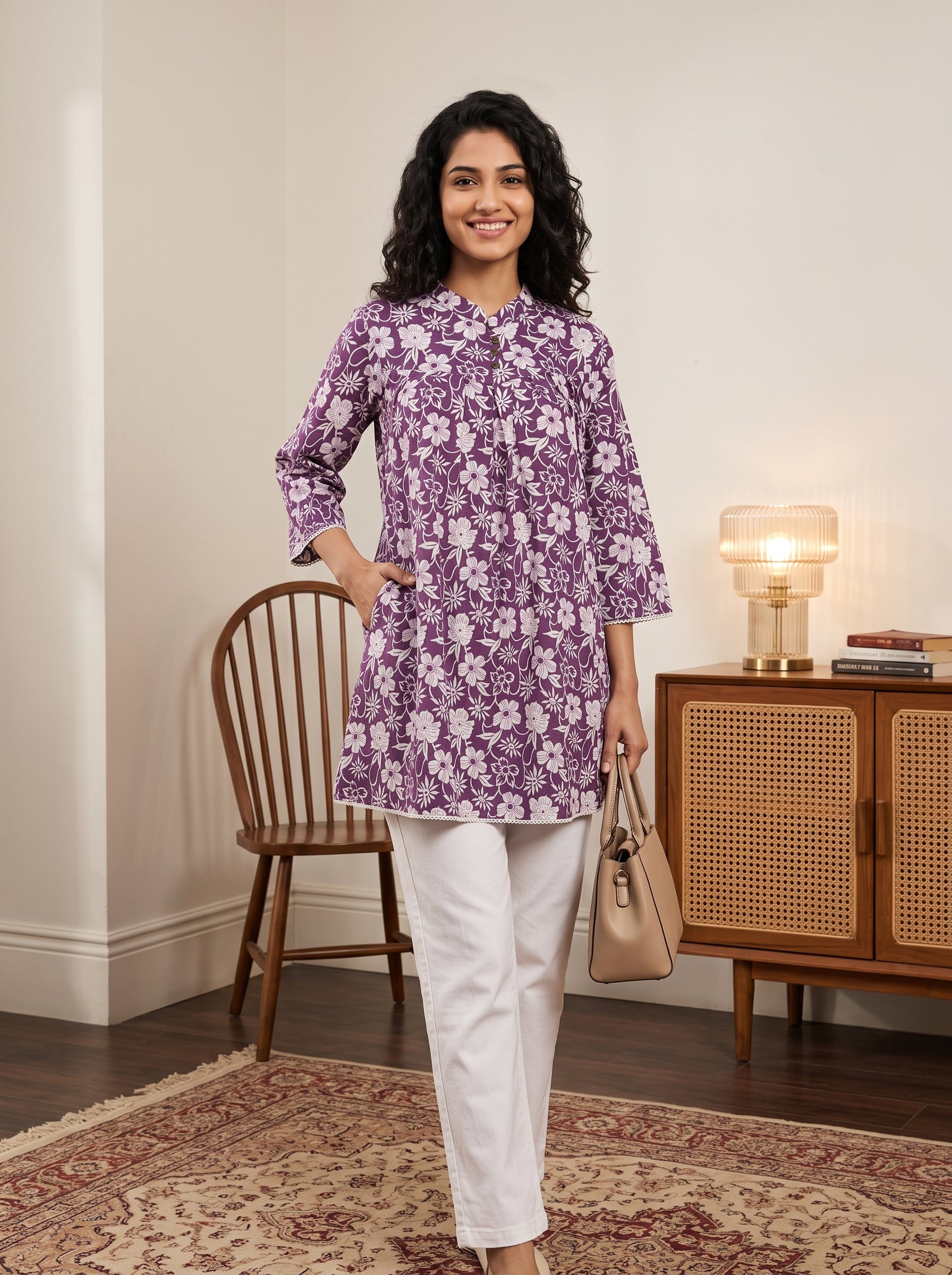 Women's Purple Floral Printed Cotton Tunic