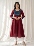 Maroon Printed Yoke A-Line Kurta