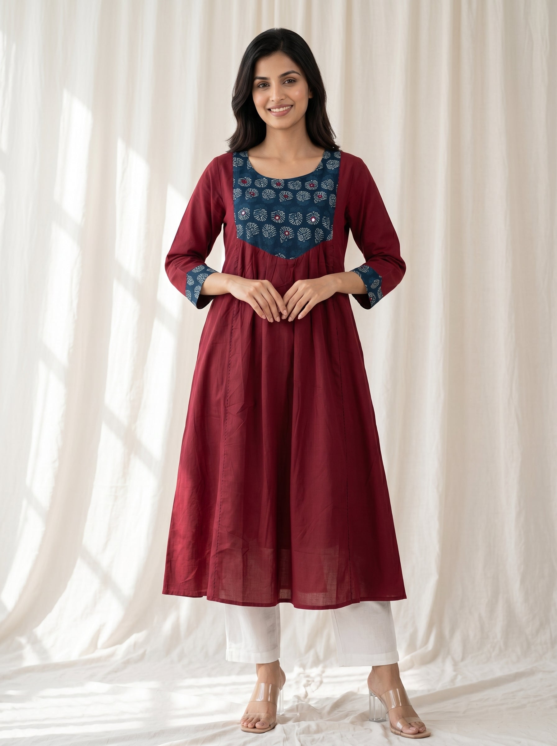 Maroon Printed Yoke A-Line Kurta