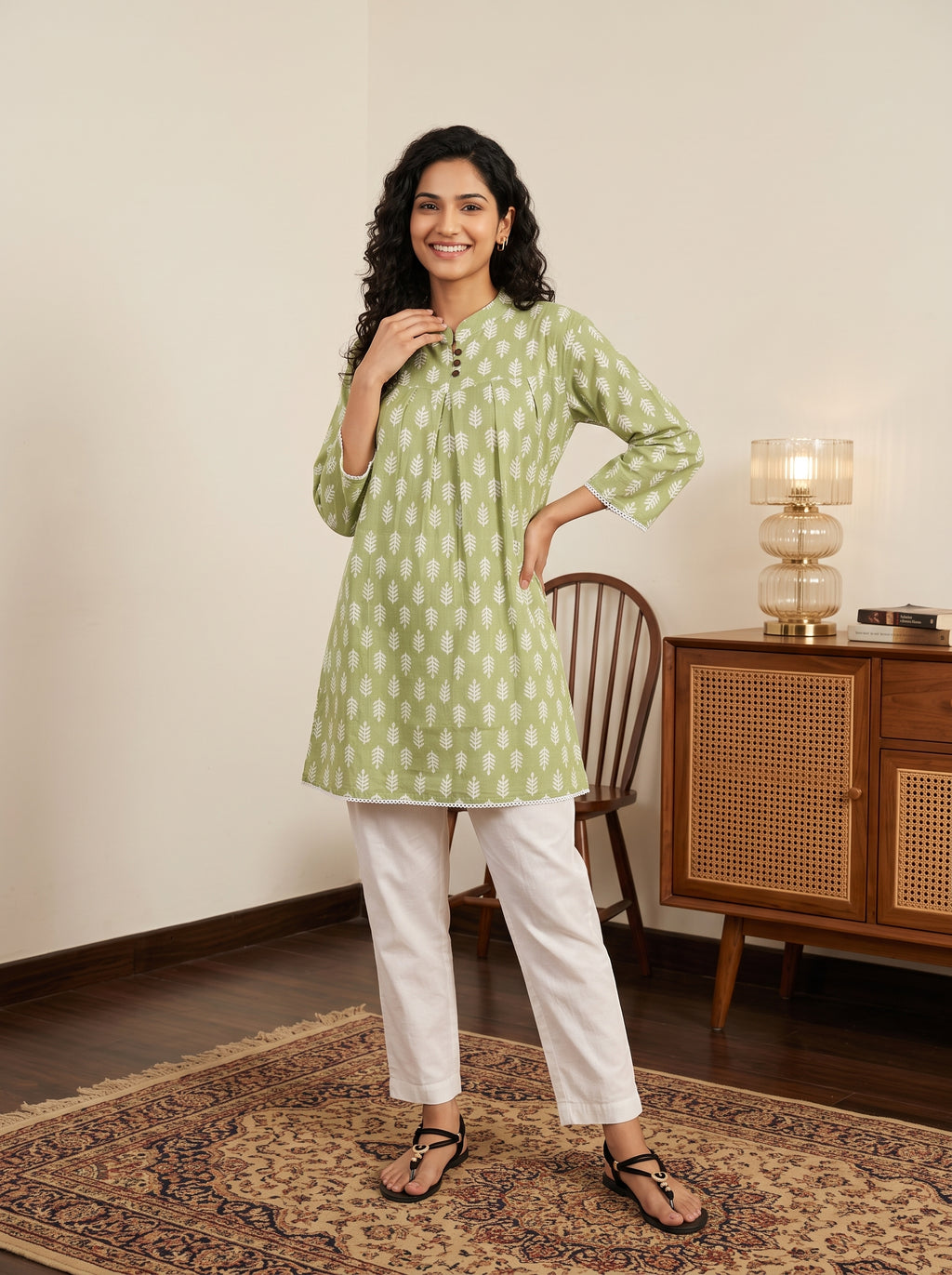 Women's Sage Green Leaf Printed Cotton Tunic