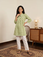 Women's Sage Green Leaf Printed Cotton Tunic