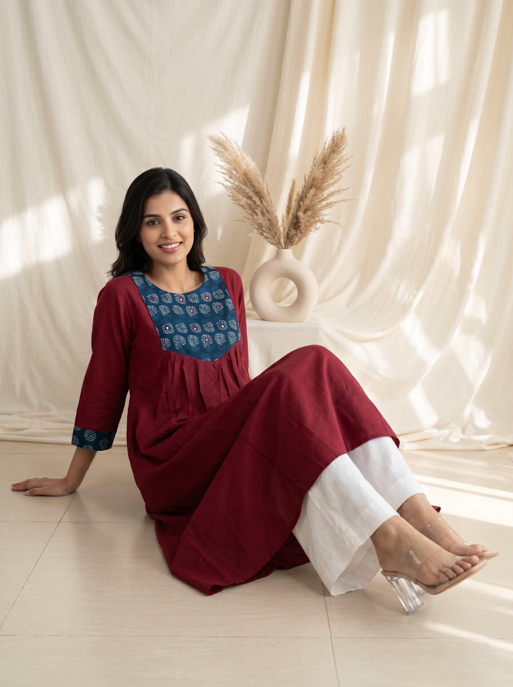 Maroon Printed Yoke A-Line Kurta