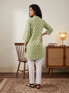 Women's Sage Green Leaf Printed Cotton Tunic