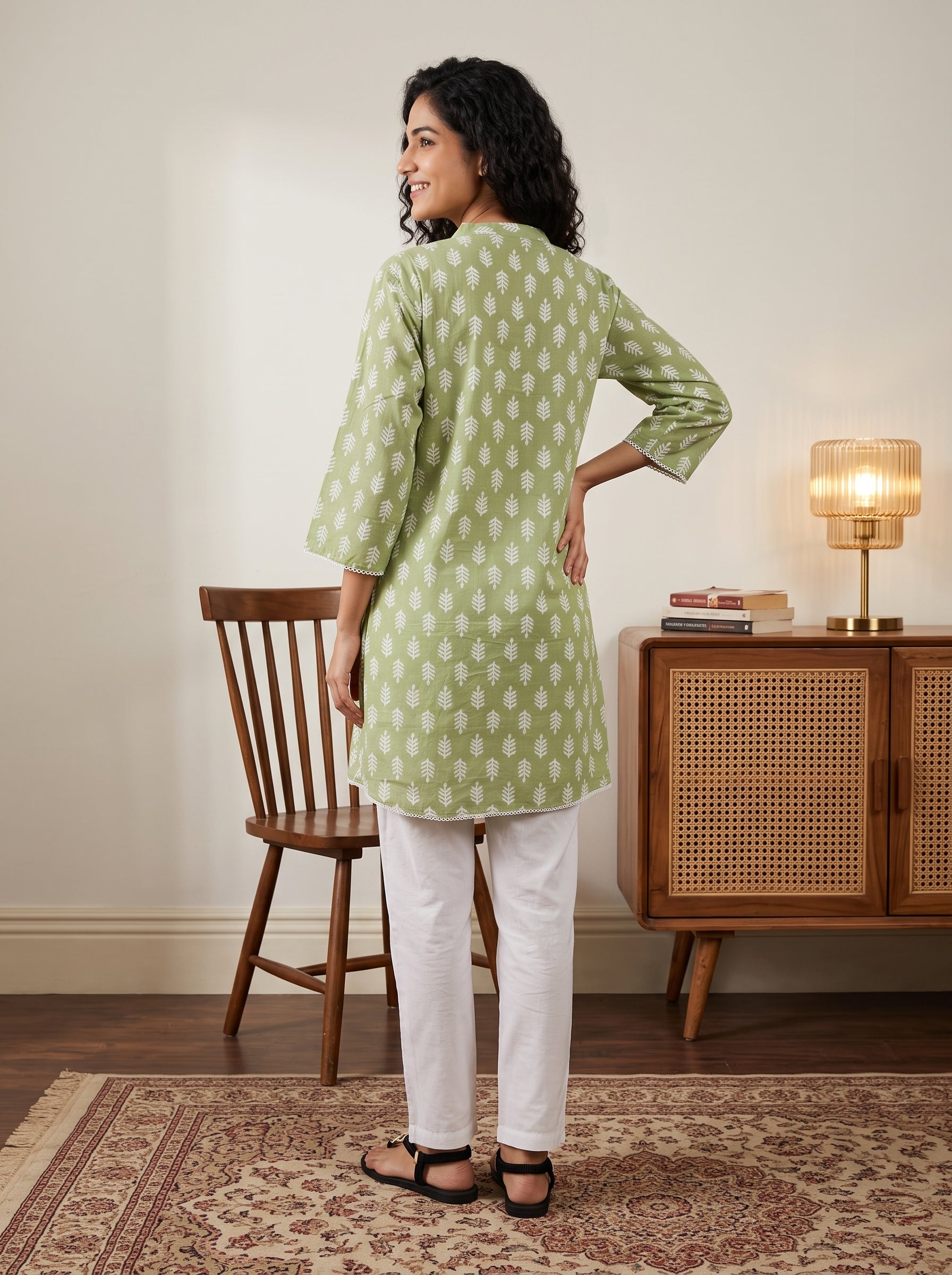 Women's Sage Green Leaf Printed Cotton Tunic