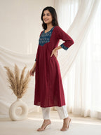 Maroon Printed Yoke A-Line Kurta