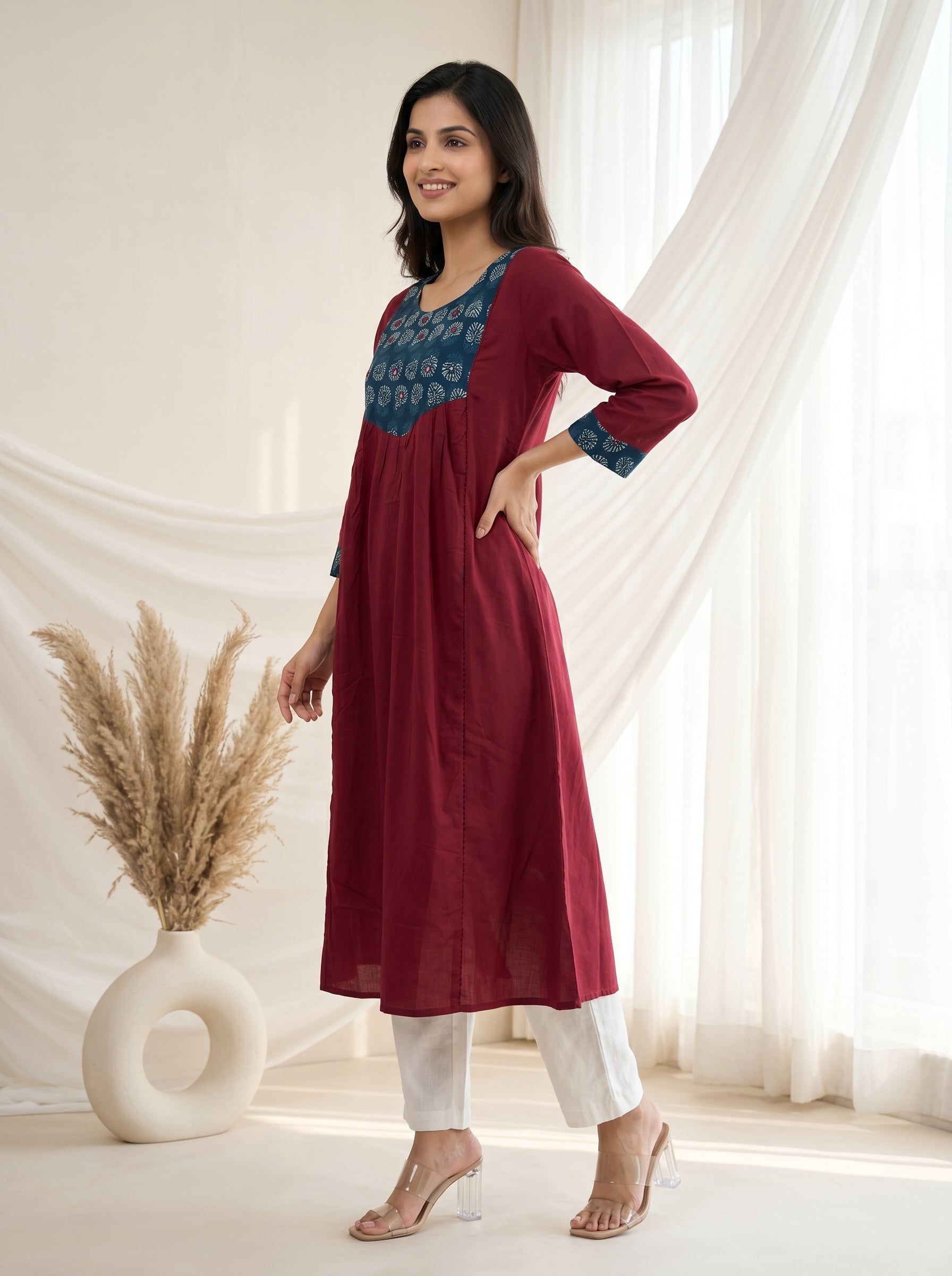 Maroon Printed Yoke A-Line Kurta