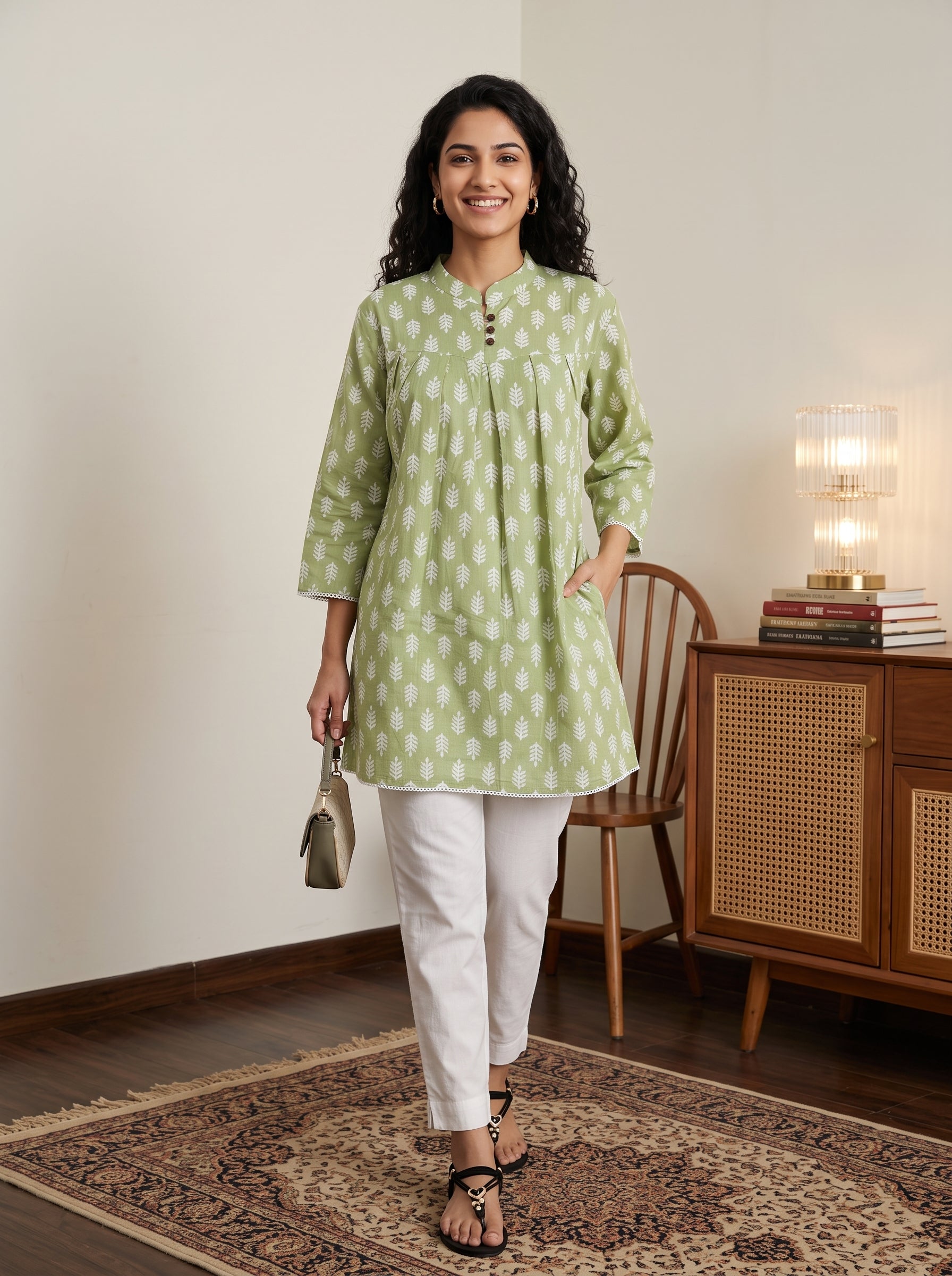 Women's Sage Green Leaf Printed Cotton Tunic