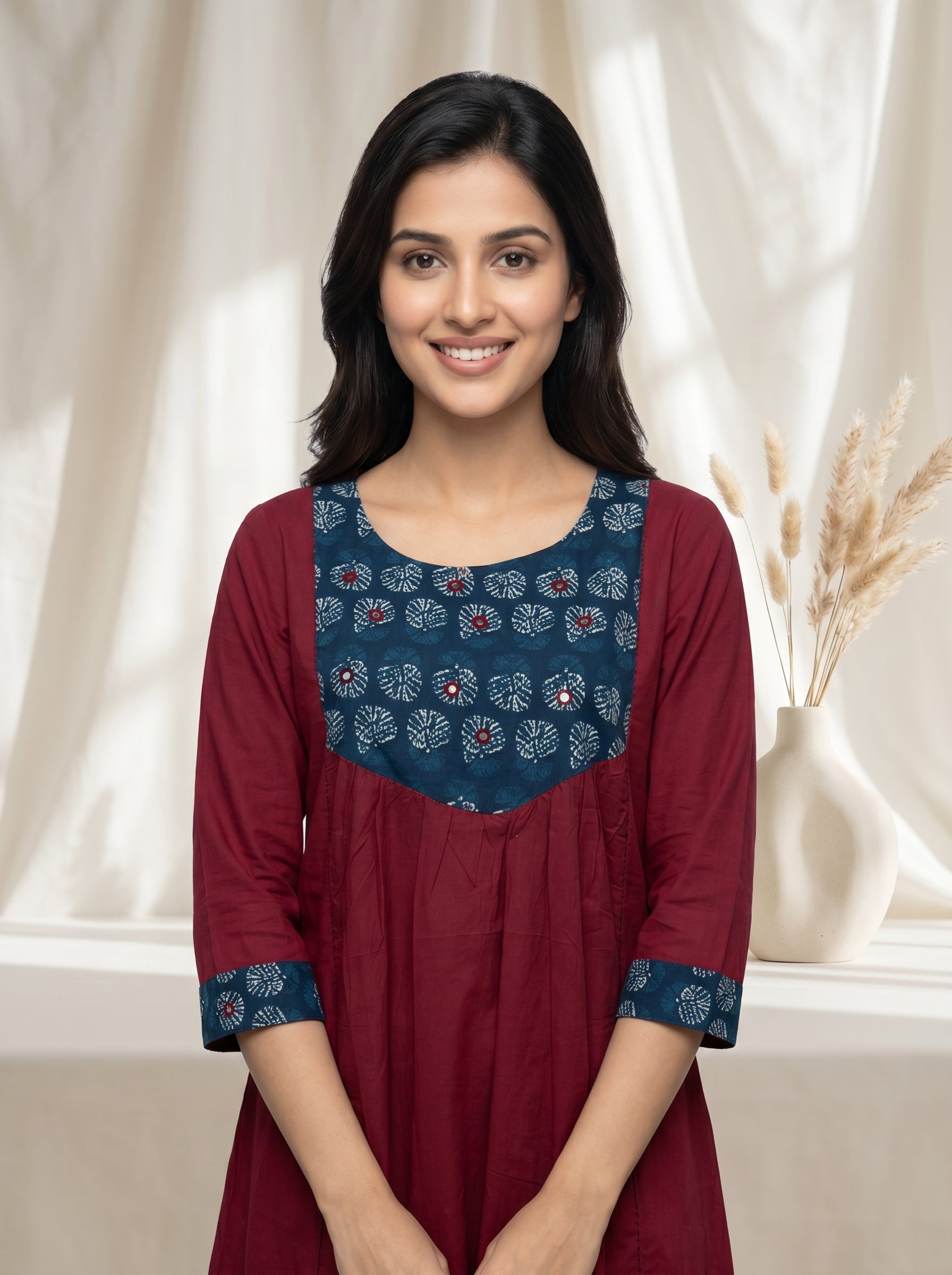 Maroon Printed Yoke A-Line Kurta