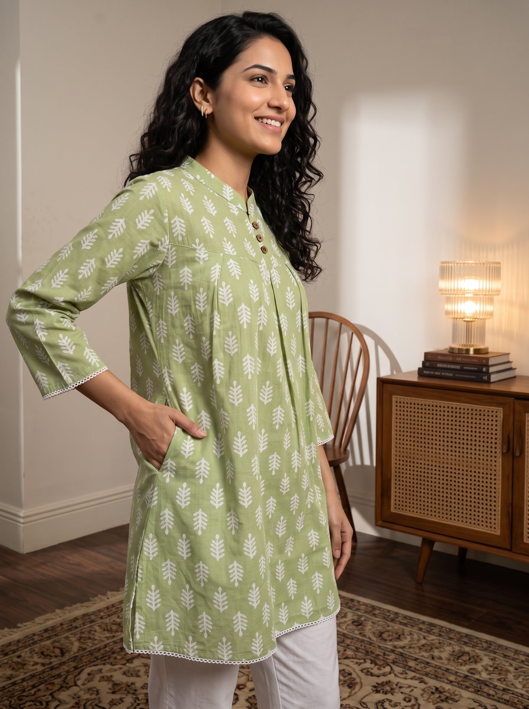 Women's Sage Green Leaf Printed Cotton Tunic