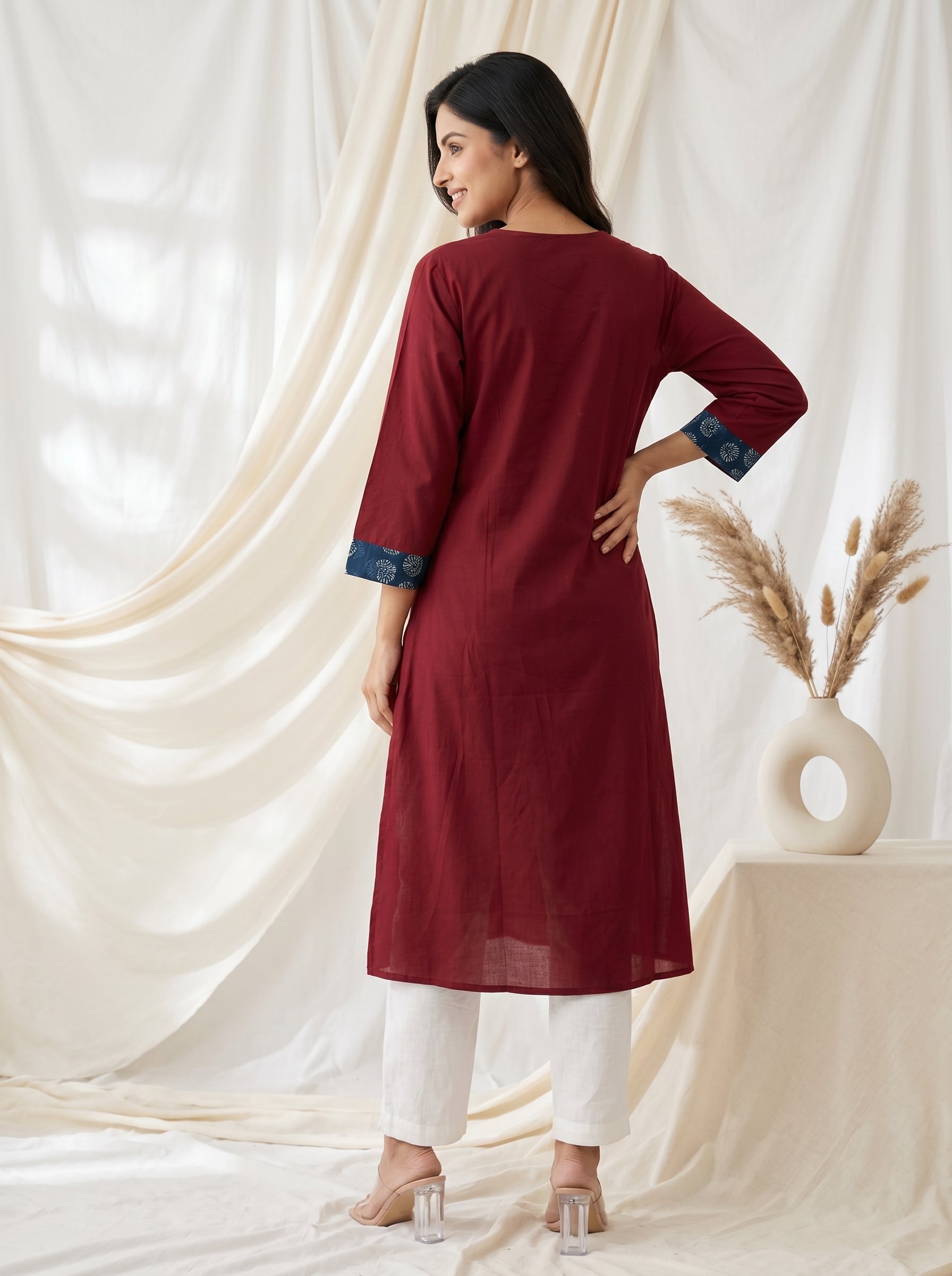 Maroon Printed Yoke A-Line Kurta