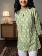 Women's Sage Green Leaf Printed Cotton Tunic