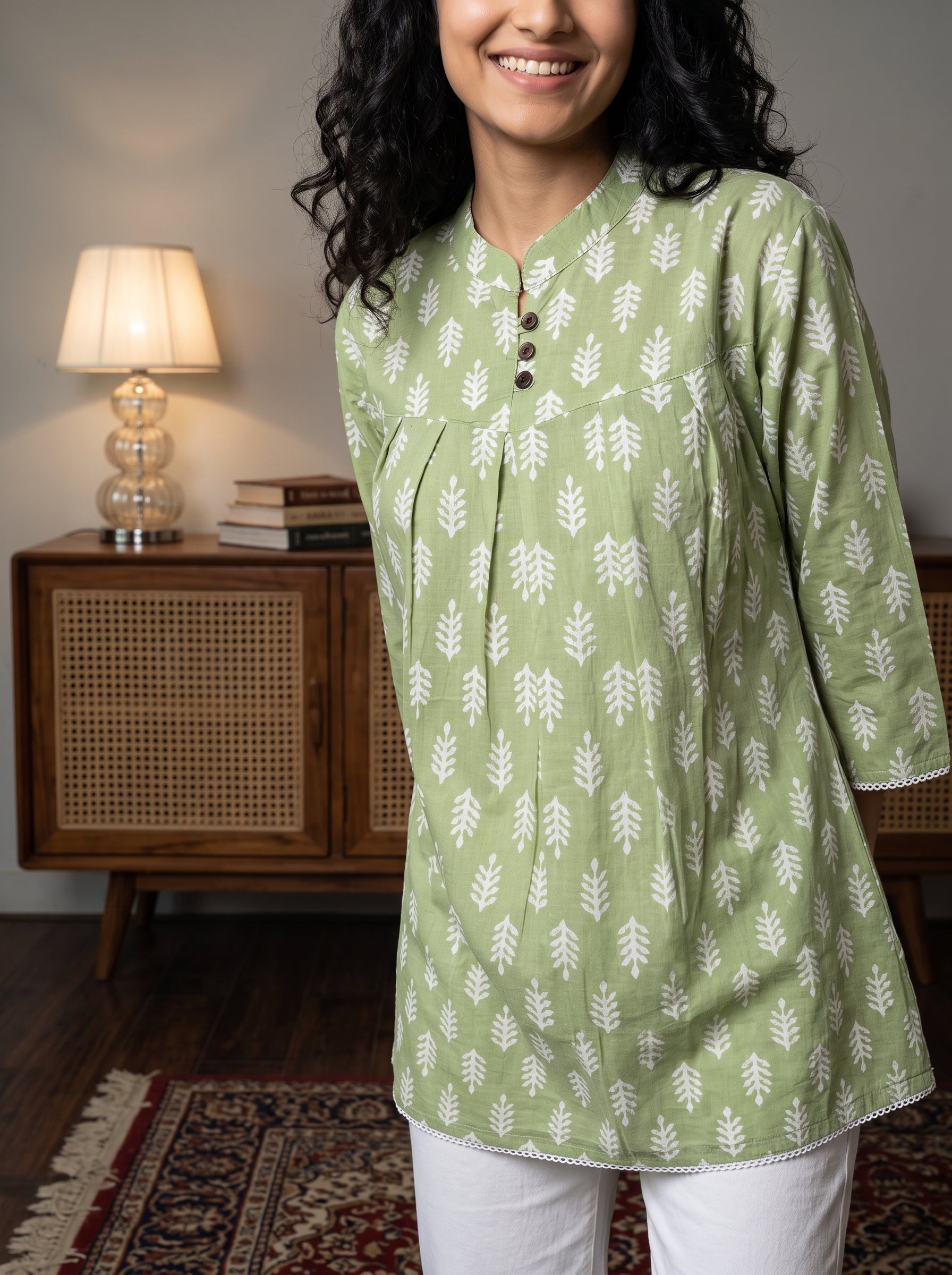 Women's Sage Green Leaf Printed Cotton Tunic