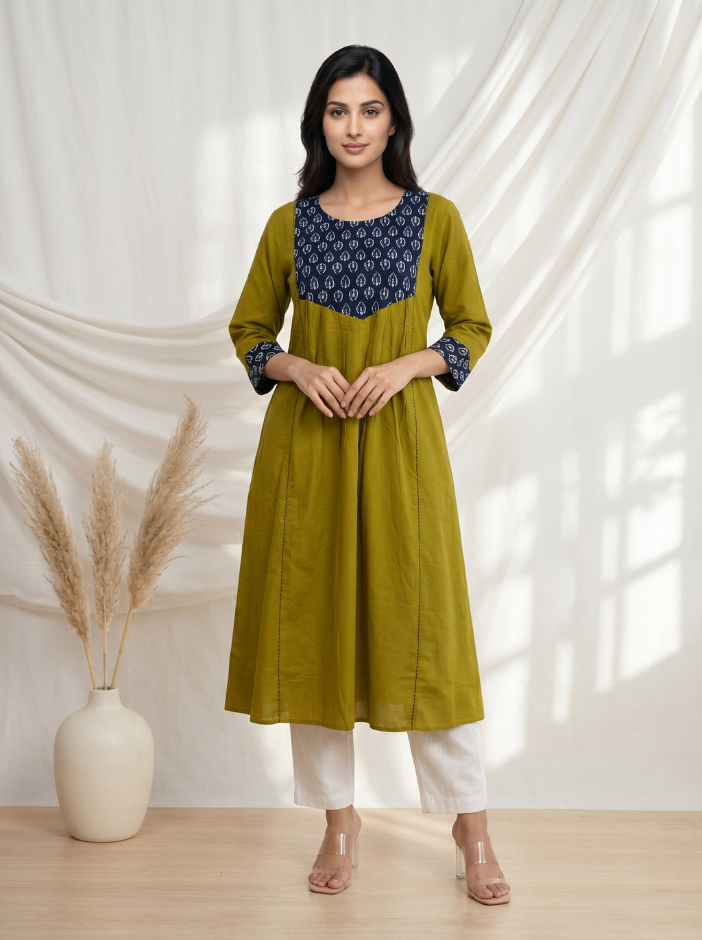 Olive Green YELLOWISH Printed Yoke A-Line Kurta
