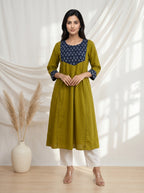 Olive Green YELLOWISH Printed Yoke A-Line Kurta