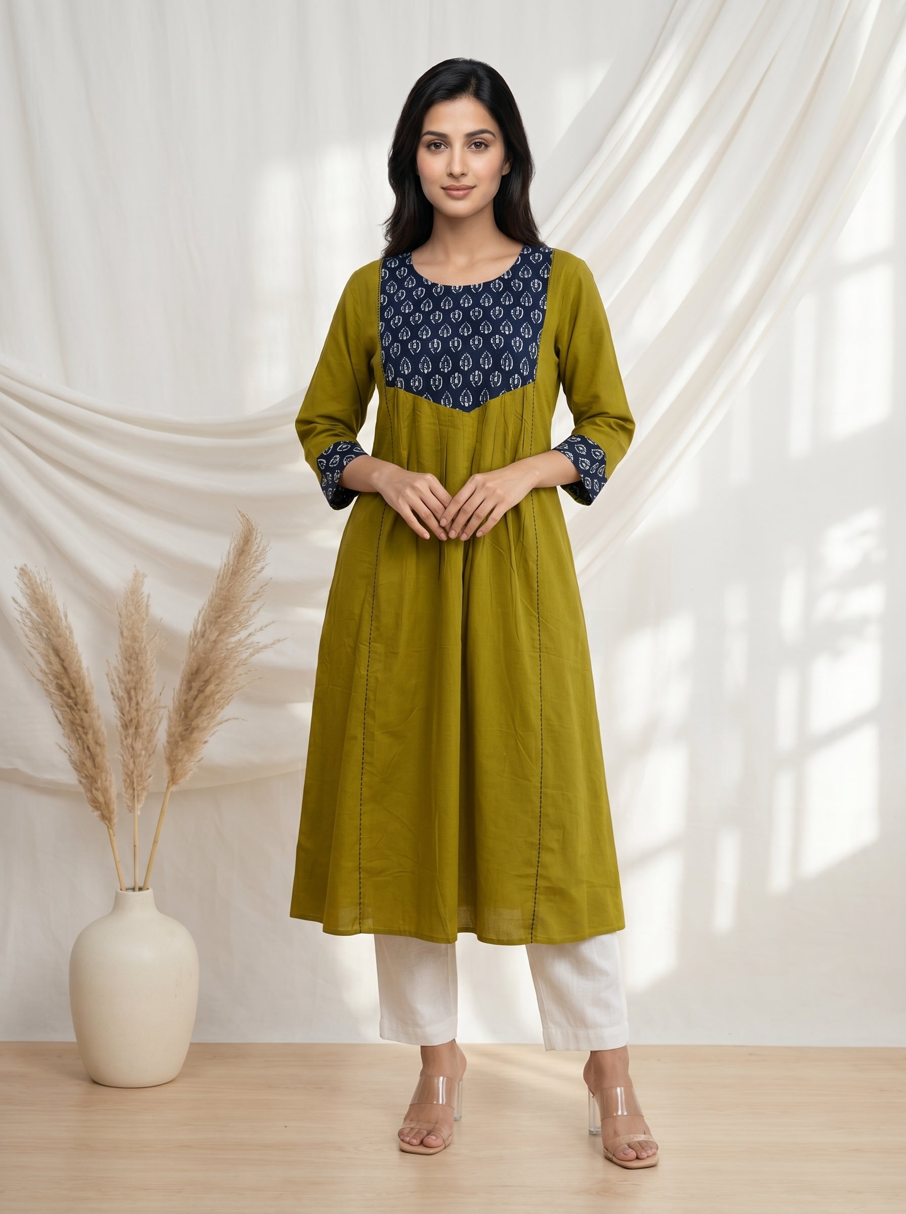 Olive Green YELLOWISH Printed Yoke A-Line Kurta