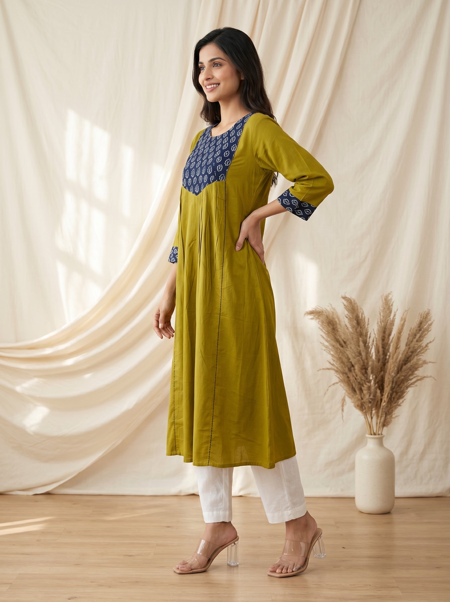 Olive Green YELLOWISH Printed Yoke A-Line Kurta