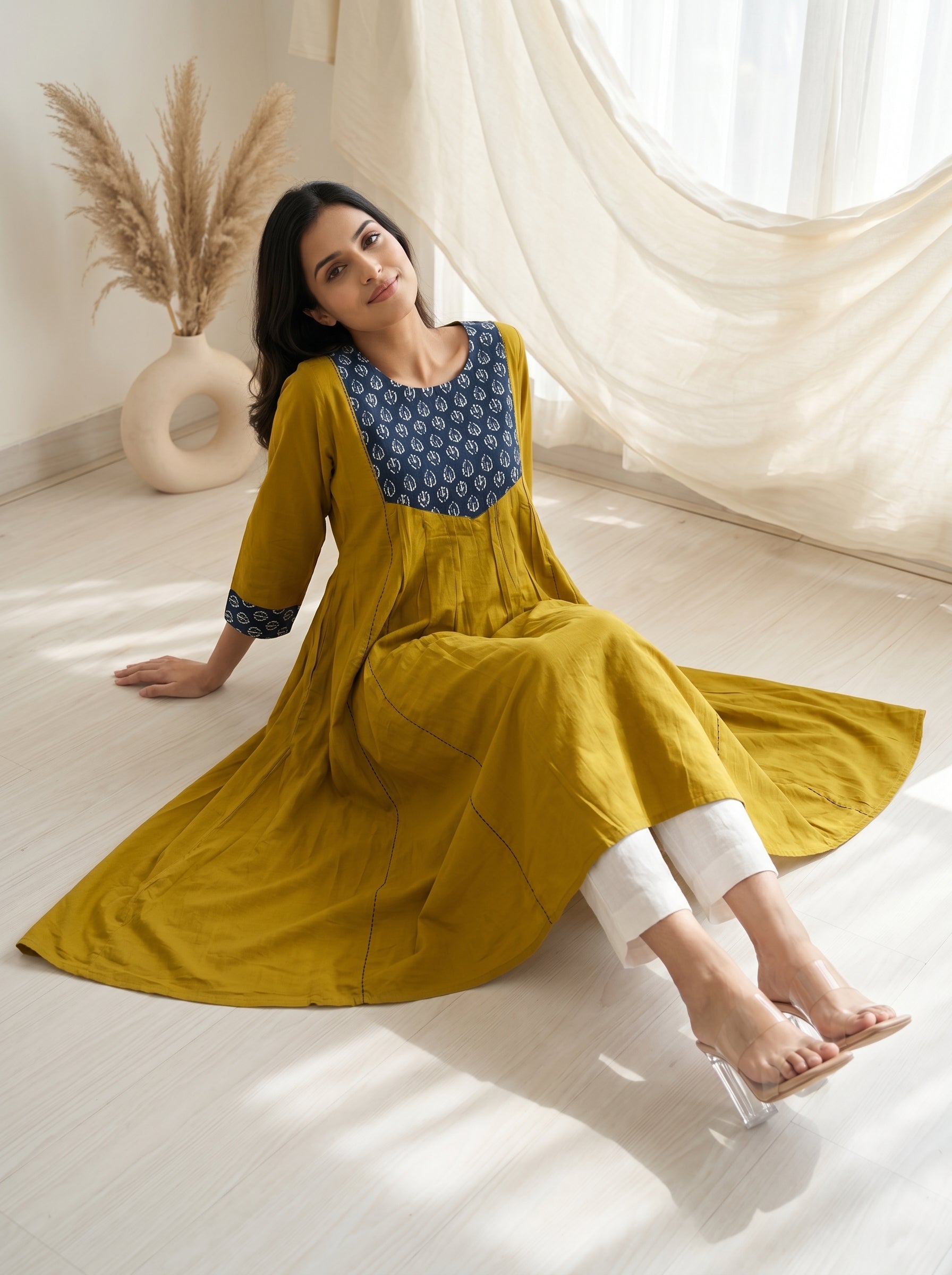 Olive Green YELLOWISH Printed Yoke A-Line Kurta