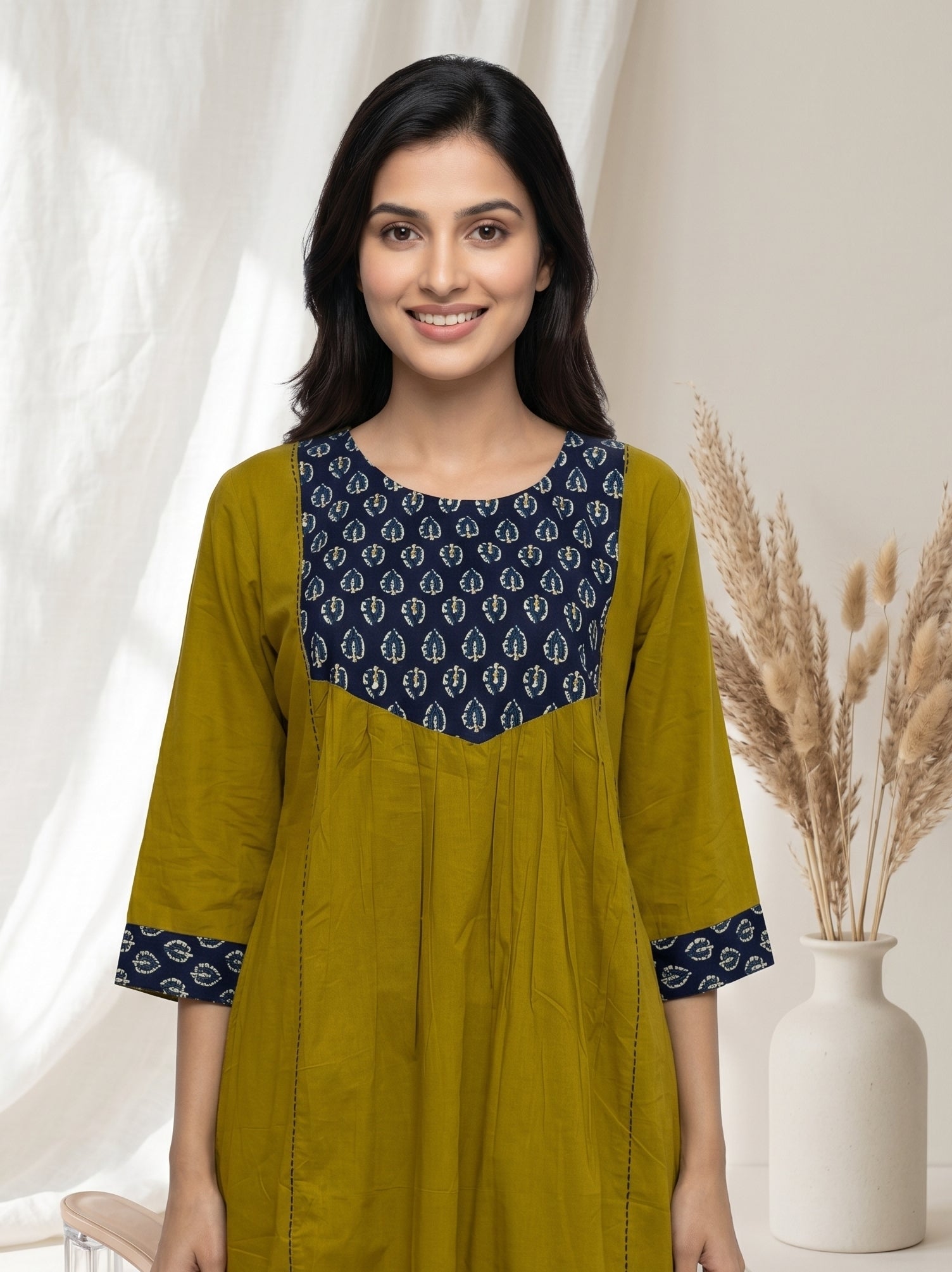 Olive Green YELLOWISH Printed Yoke A-Line Kurta