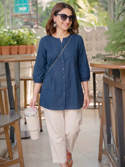Airforce Blue Pintuck Cotton Tunic