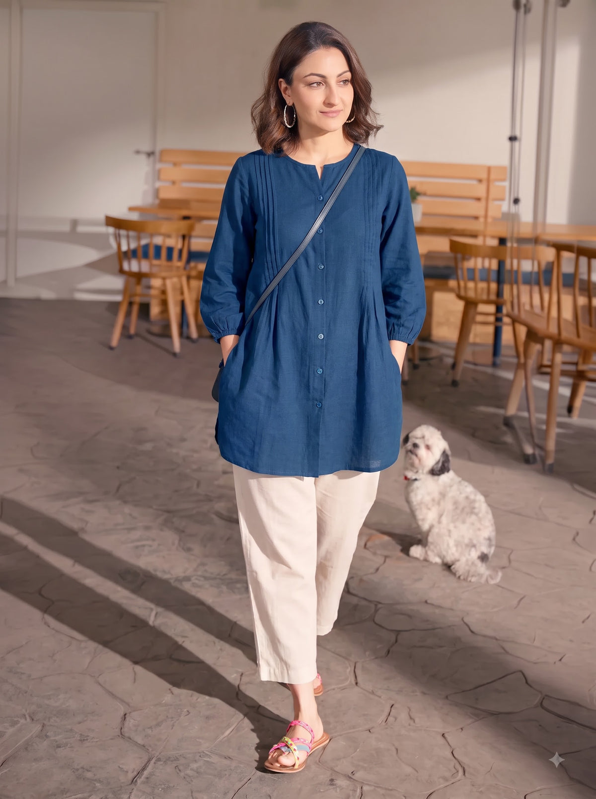 Airforce Blue Pintuck Cotton Tunic