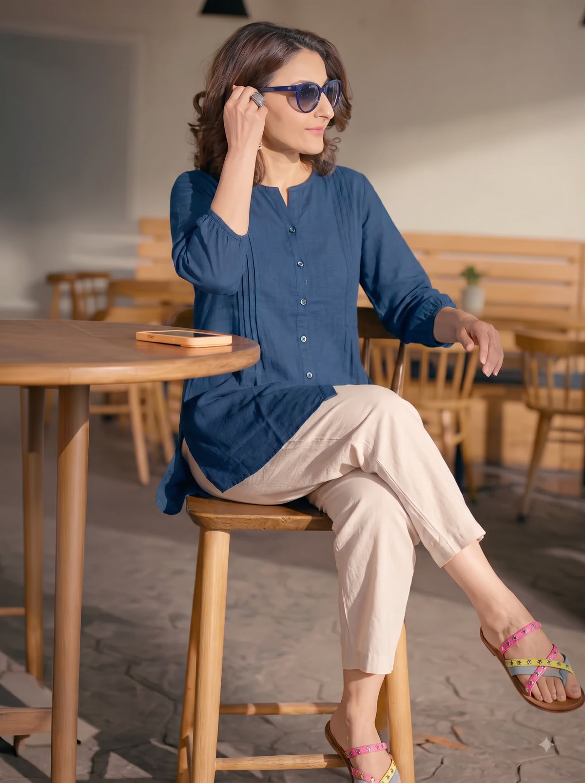 Airforce Blue Pintuck Cotton Tunic